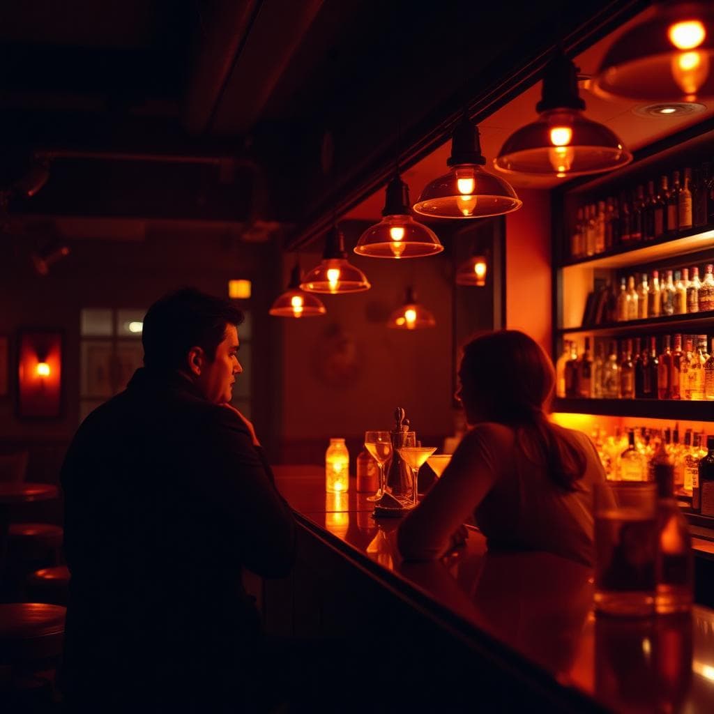 Two guests talking over cocktails at a dimly lit bar