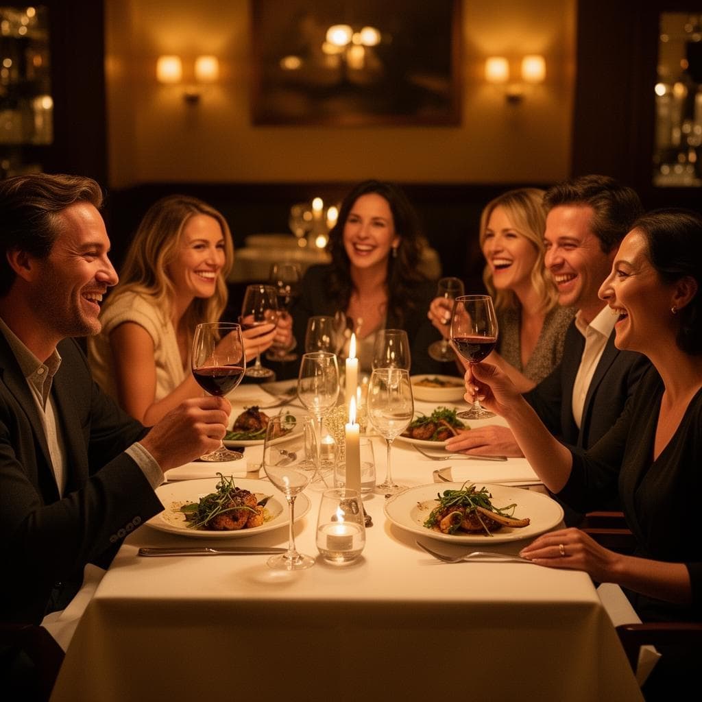 Small group dinner, candlelit table with wine