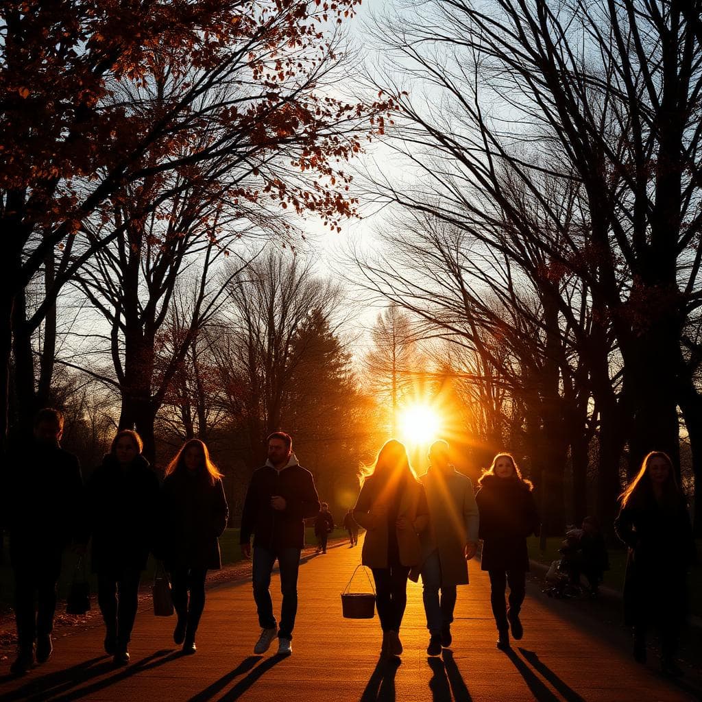Group walking down a tree-lined path at golden hour