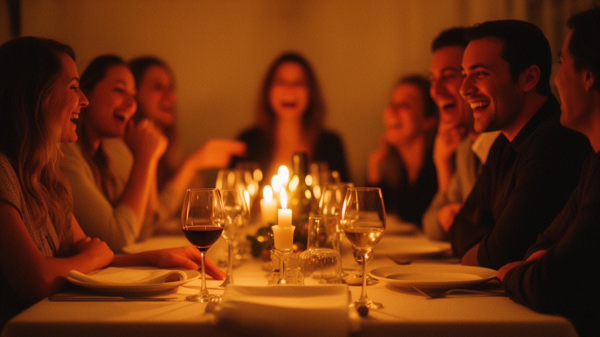 Friends laughing over dinner at a candlelit table